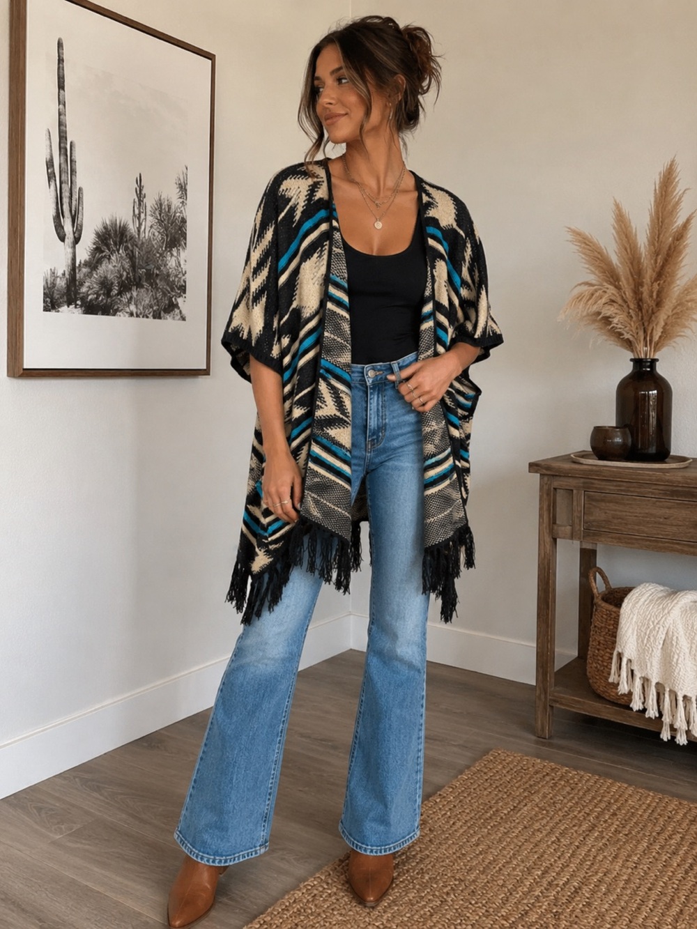Rock & Roll Cowgirl SZ Small Black, Cream & Cyan Blue Southwestern Fringe Poncho